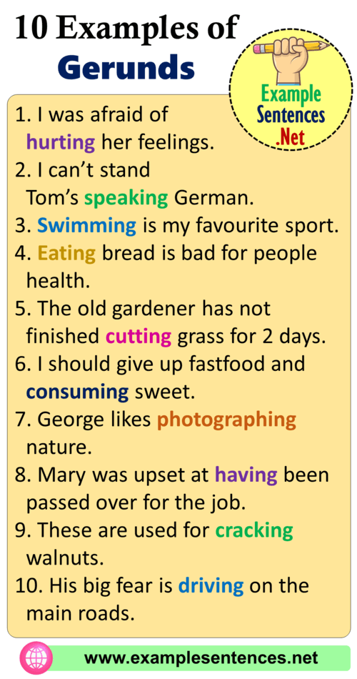 10 Examples Of Gerund Sentences And Phrases Example Sentences