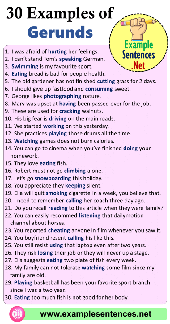 30 Examples Of Gerund Sentences And Phrases Example Sentences