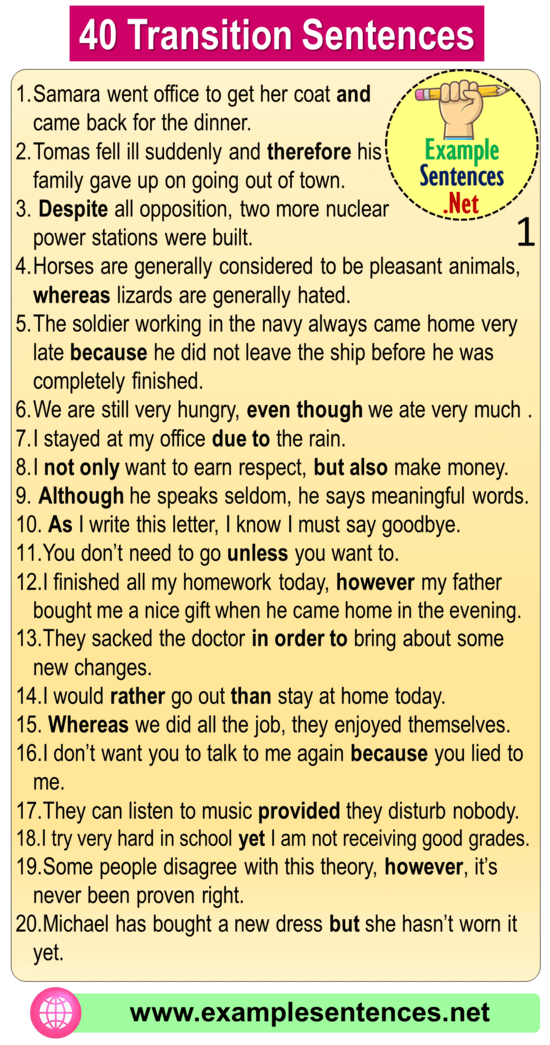 40 Transition Sentences Examples, Transition Words With Examples