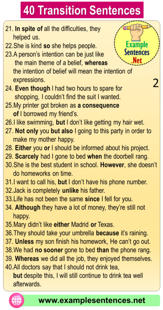 40 Transition Sentences Examples, Transition Words With Examples 